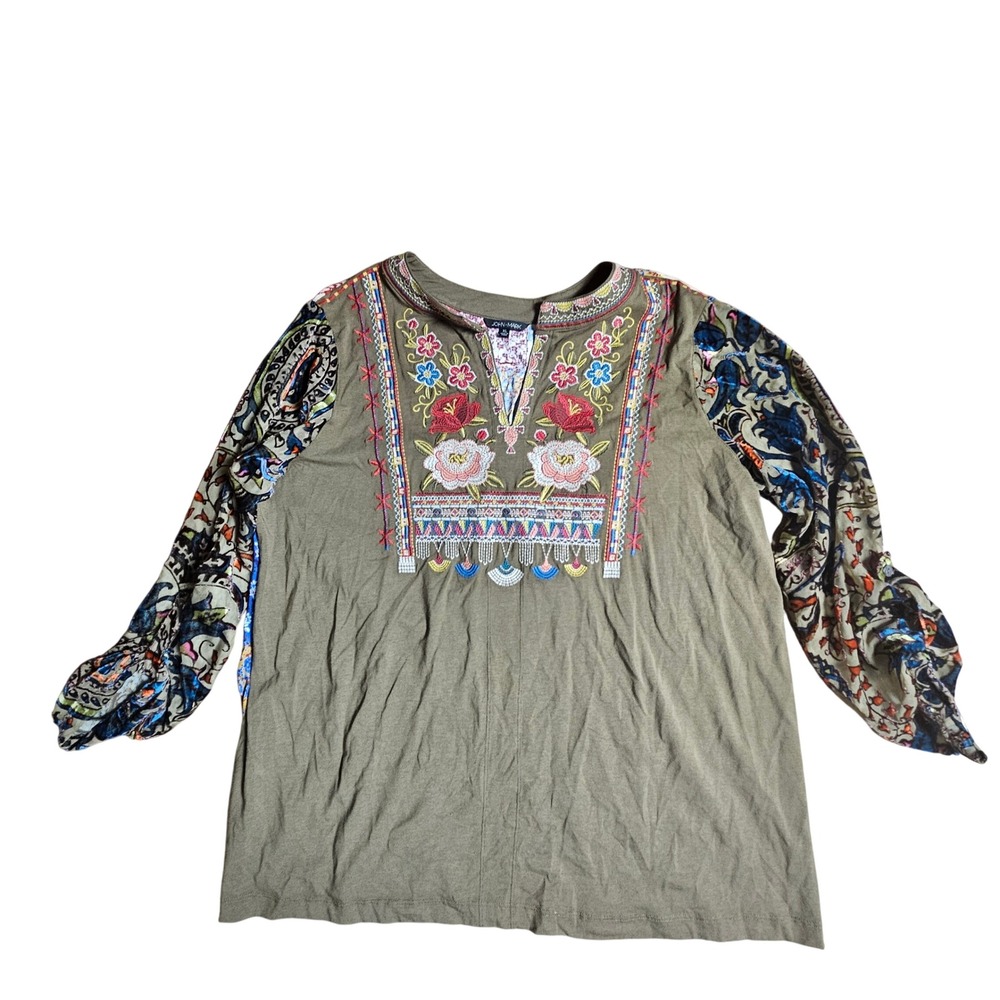 John Mark Embroidered Mixed Media Boho Top Burnout Velvet XL Art To Wear Peasant